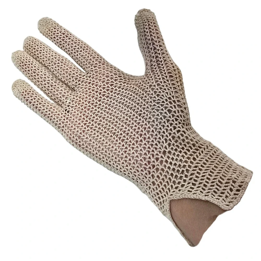 Vintage Crochet Knit Gloves Womens OS Beige Cotton Lace Boho Tea Party Victorian